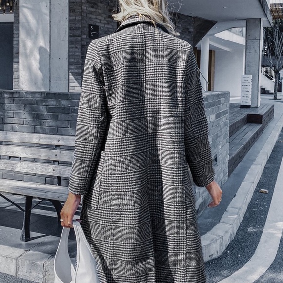 black button plaid trench fall pea coat jacket - Picture 6 of 7